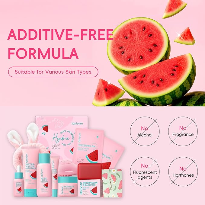 QUIYUM Watermelon Skin Care Kit for Teens Girl, 8 Daily Routine Beauty Skincare- Gift Set with Cleanser, Toner, Eye Cream, Moisturizer, Serum, Facial Mask, Soap, Hydrate, Oil Control, Glow, Smooth
