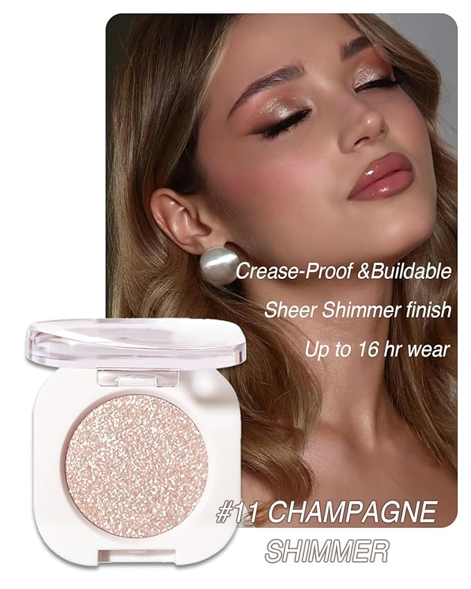 Glitter Eyeshadow Single, Ultra-Fine Sparkling Diamond Shimmer, Long-Lasting Sheer Eye Makeup, Crease-Proof & Buildable Eye Shadow Topper (11# Pearl Champagne)