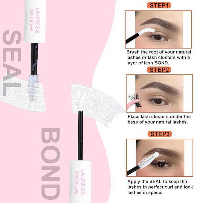 Lash Glue for Eyelash Clusters LAUBESS 2 in 1 Lash Bond and Seal Waterproof Lash Cluster Glue 10ml Adhesive Eyelash Glue Home Use Strong Hold 72H