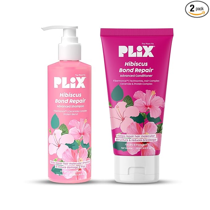 PLIX - THE PLANT FIX - Hibiscus Bond Repair Shampoo (200ml) + Conditioner (175ml) | Repairs Molecular Structure & Reduces Breakage | FiberHance & TechnoHYAL Hair Complex