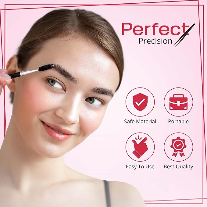 6-Piece Precision Eyebrow Tweezers for Women & Men - Professional Eyebrow & Facial Hair Grooming Kit with 4 Tweezers For Eyebrows, Eyebrow Scissors & Brush - Stainless Steel Tools in Leather Case