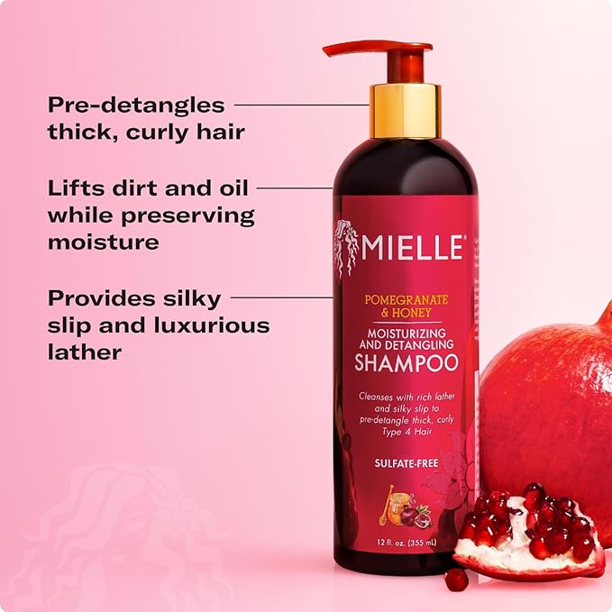 Mielle Organics Pomegranate & Honey Detangling & Moisturizing Shampoo - Curly Hair Shampoo for Women - Enriched with Honey & Babassu Oil to Lift Dirt, Loosen Tangles & Retain Moisture (12 Fl Oz)