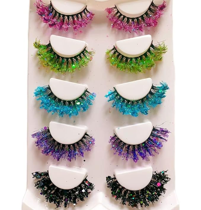 Sunniess Luminous Glitter Lashes,3D Dramatic Eyelashes with Sequins,25mm Decorative Sparkly Lashes for Halloween Colorful Lashes Christmas Cosplay Party Stage Makeup Colored False Eyelashes