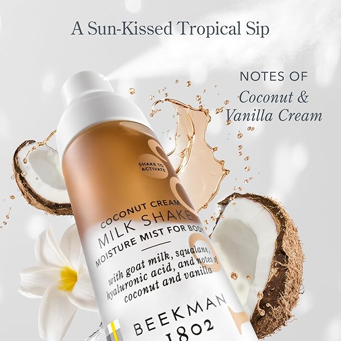 Beekman 1802 Milk Shake Hydrating Body Mist – Alcohol-Free Moisture with Goat Milk, Hyaluronic Acid & Squalane, Lightweight Skin Softening Spray for Sensitive Skin – Coconut Cream, 2 Fl Oz