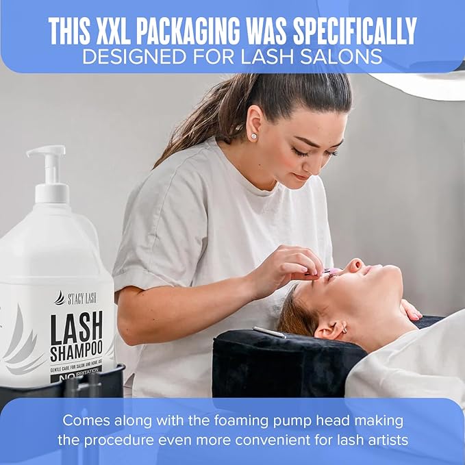 STACY LASH Eyelash Extension Shampoo 1US Gal / 128 fl.oz. / 3.78L / Eyelid Foaming Cleanser/Safe Wash for Extensions & Natural Lashes/Supplies for Professional & Home Use / 50 Aftercare Cards