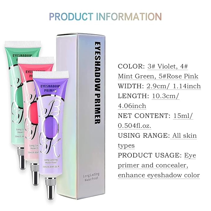 LOKFAR 3 Pack Matte Eyeshadow Primer for Oily Lids No Crease Violet Green Pink Color Eye Makeup Eye Primer Base Waterproof & Smudge-proof & Long Lasting Cream Liquid Eye-shadow for All Shadows (Set D)