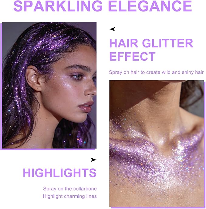Hair and Body Glitter Spray, Shimmering Powder Sparkle Powder Makeup, Glitter Loose Sparkle Makeup for Body Highlighter,Festival Prom Rave Accessories (Iridescent-Violet)