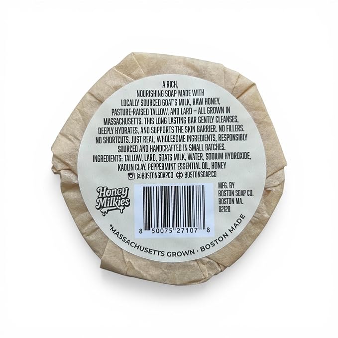 Goat Milk Soap with Tallow – Honey Milkies Peppermint Bar (3.3oz) – Handmade in Boston – Cold Process Natural Soap with Grass Fed Tallow, Lard, Raw Honey & Goat Milk (Peppermint)