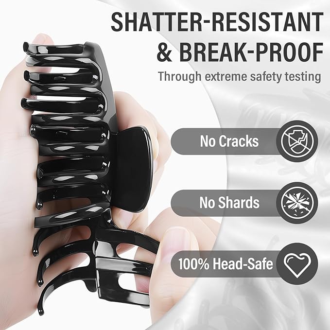 TOCESS Nylon Hair Claw Clips: Flexible & Unbreakable Safe Black Large Hair Claws for Thick/Thin Hair Women - Strong Hold Non-slip 4 Pack 4.3 Inch Big Jaw Clips