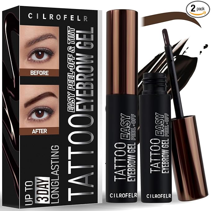 Cilrofelr Tattoo Peel Off Eyebrow Gel, Easy Tattoo Brow Peel Off Gel, Last Up to 3 Days, Waterproof, Transfer-proof, For Fuller & Defined Looking Brows, Black Brown(2 Pack)