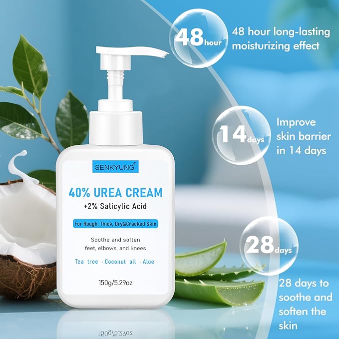 Urea Cream 40 Percent for Feet Maximum Strength, Urea Foot Cream Plus 2% Salicylic Acid, Tea Tree Oil, Coconut Oil and Aloe Essence for Feet Dry Cracked Heels Hands Elbows Knees