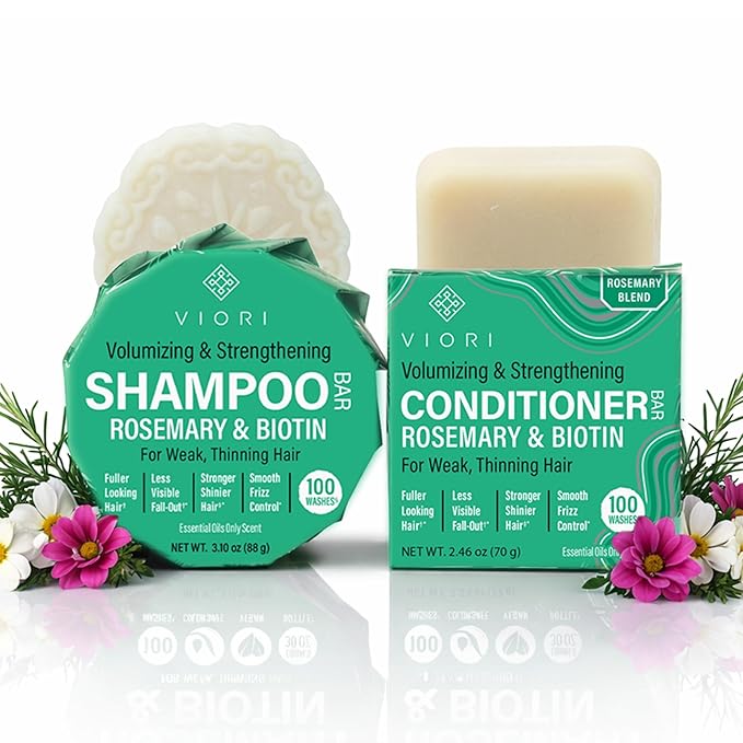 Viori Rosemary Shampoo Bar and Conditioner Set with Biotin - Rice Water Solid Hair Bars for Thinning Hair - Strengthening, Shine, Scalp Care - Plastic Free - Travel Friendly
