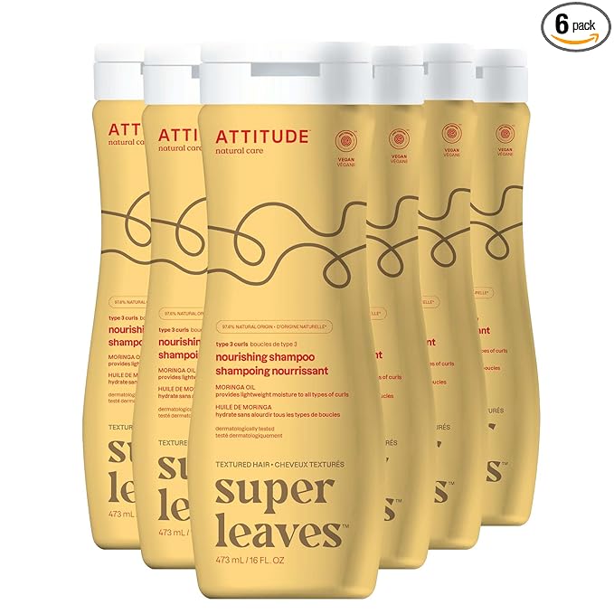 ATTITUDE Nourishing Shampoo for Curly Hair 3a – 3c with Moringa Oil, Vegan, Naturally Derived Ingredients, Provides Lightweight Moisture, 16 Fl Oz (Pack of 6)