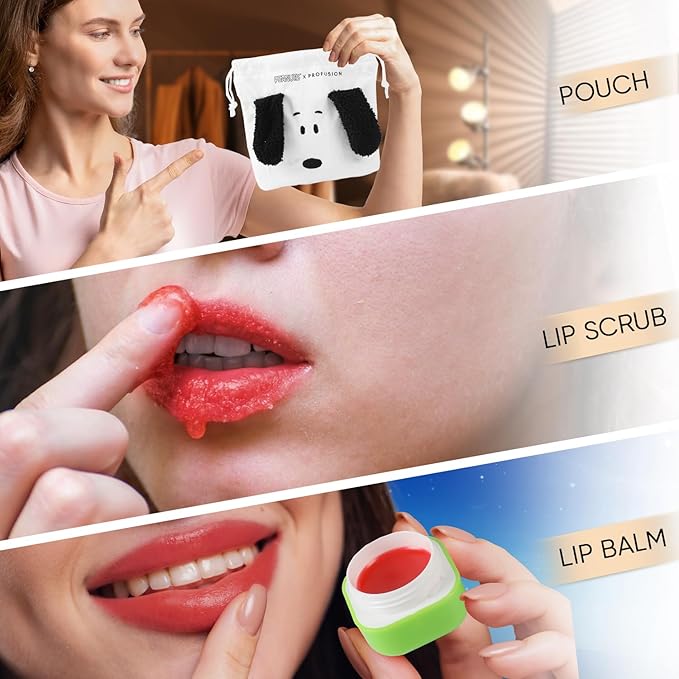 Profusion Cosmetics Peanuts Holiday Goodnight Set, Featuring A Lip Balm, Scrub, Snoopy Pouch and Eye Sleep Mask, Infused with Vitamin E