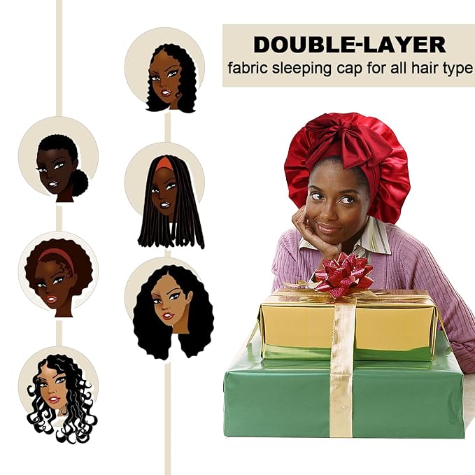 Satin Bonnet for Women With Tie Band - Large 2 Layered Silk Sleeping Cap Nightcap With 3PCS Hair Scrunchies (Wine Red)