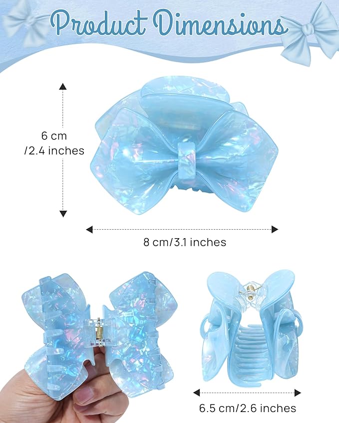 ACECHA Cute Bow Claw Clip - 3.1 Inch Sparkly Hair Claw Clips for Women, Non-slip Hairclips for Thin and Thick, Elegant Hair Accessories for Wedding Prom Party (Blue)