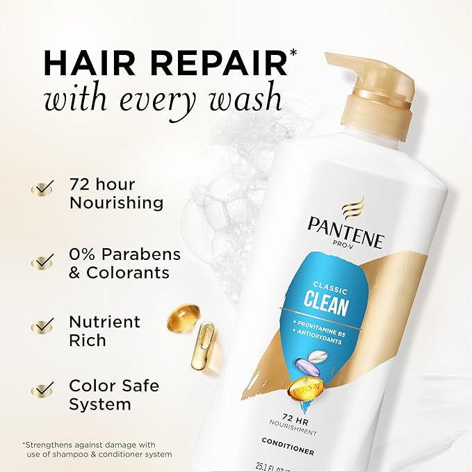 Pantene Conditioner, Classic Clean - Pro-V Nutrients for Dry, Color-Treated Hair, 72 Hour Nourishment, Healthy Looking Hair Every Wash, Antioxidant-Rich, Paraben Free, 25.1 Fl Oz