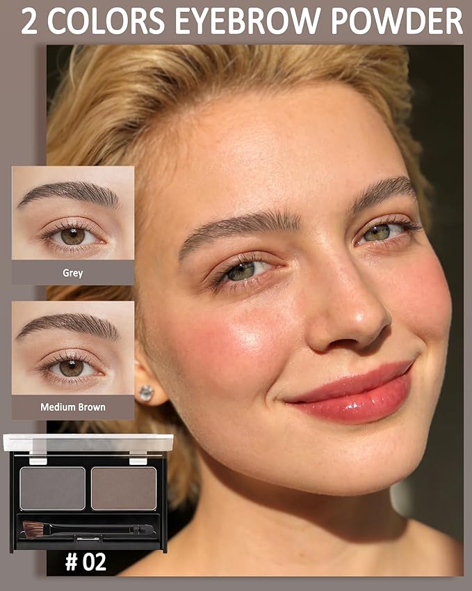 Eyebrow Powder Makeup Kit - Medium Brown+Grey, 2 Color Eye Brow Powder Palette Waterproof Long-Lasting Brow Filler, Lightweight, Easy Blend, Natural Full Look with Brush, maquillaje para cejas-02