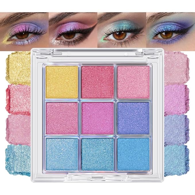 9-Color Shimmer Eyeshadow Palette – Highly Pigmented Glitter Pink Blue Purple Eye Makeup, Long-Lasting Waterproof Sparkly Eye Shadow, Blendable Metallic Shadows for Party, Festival & Daily Looks(03#)