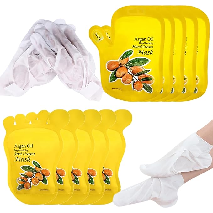 Elitzia Argan Oil Hand Mask & Foot Mask Set 10 Packs (5 Socks & 5 Gloves) Deep Nourishing Moisturizing Hydrating Gloves for Dry Cracked Rough Hands & Feet Self-Care Home Spa for Women Seniors ETAO10