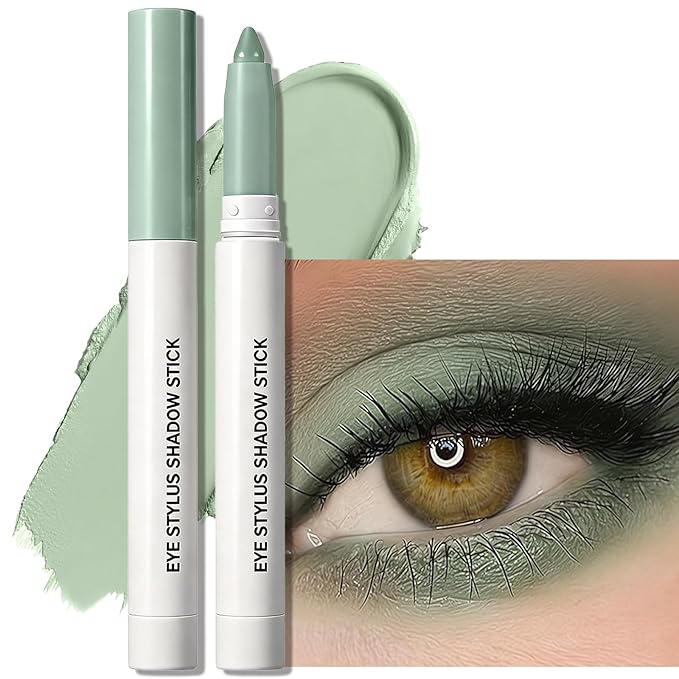 Green Eyeshadow Stick, Cream Eye Shadow Stick Matte Finish Waterproof Long Lasting Multi-Use Eyeliner Pencil, Smooth High Pigmented Blendable Precision Eye Crayon Makeup with Built-in Sharpener