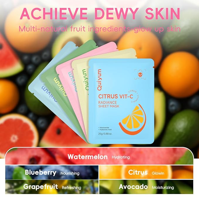 QUIYUM Fruit Face Masks Skincare, Facial Masks for Women, Sheet Masks Beauty with Natural Ingredients, Moisturize & Soothe for All Skin Type, Birthday Party Spa Gift 25 Pack, Stocking Stuffers