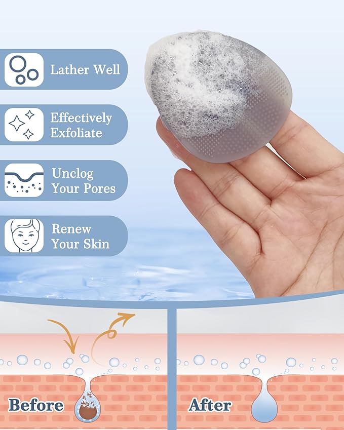Manmihealth Rabbit-Shaped Silicone Foot Brush Mat for Shower with Non-Slip Suction Cups, Silicone Back Scrubber with Long-Handle, Shower Face Body Scrubber, Scalp Massager, Bath Sponge Net Set (Gray)