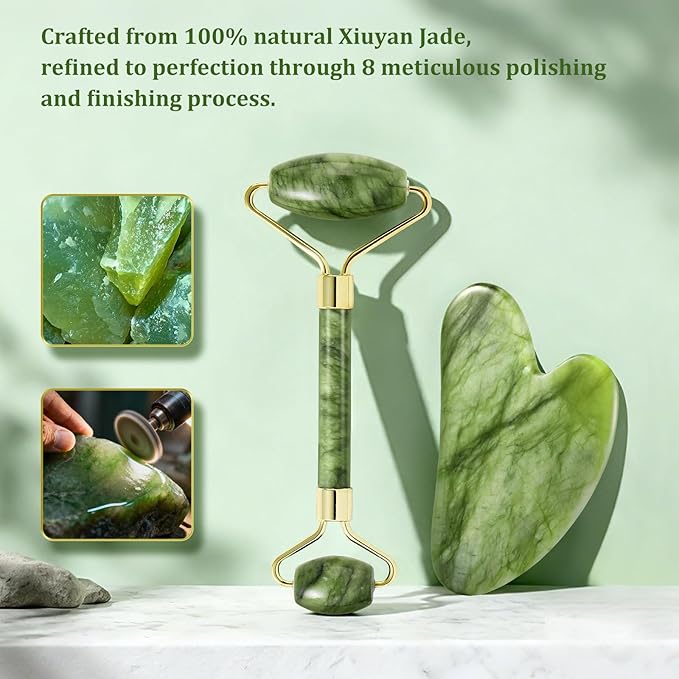Jade Roller & Gua Sha Set - Natural Jade Face Roller Facial Massage Skincare Tools for Women,Reduce Puffiness and Fine Lines (Forest Green)