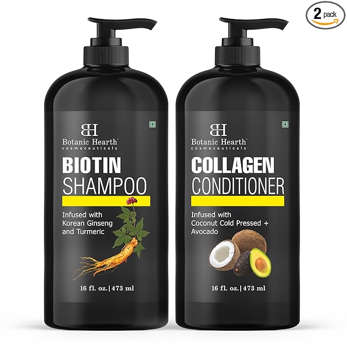 Botanic Hearth Biotin Shampoo and Conditioner with Collagen | Fights Hair Loss & with Korean Ginseng & Turmeric, Conditioner Promotes Hair with Avocado and Coconut | 16 fl oz x 2