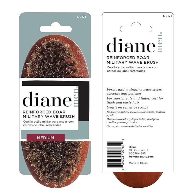 Diane Reinforced Boar Bristle Military Wave Brush for Men and Barbers – Medium Bristles for Thick and Curly Hair – Use for Detangling, Smoothing, Wave Styles, Restore Shine and Texture