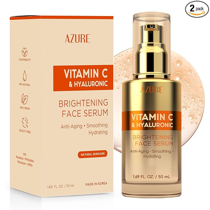 Azure Cosmetics Vitamin C Serum For Face - Dermatologist Tested, Anti-Aging with Hyaluronic Acid for Dark Spots, Fine Lines & Wrinkles - Brightning, Clean, Korean Skincare for Glass Skin - 2 Pack