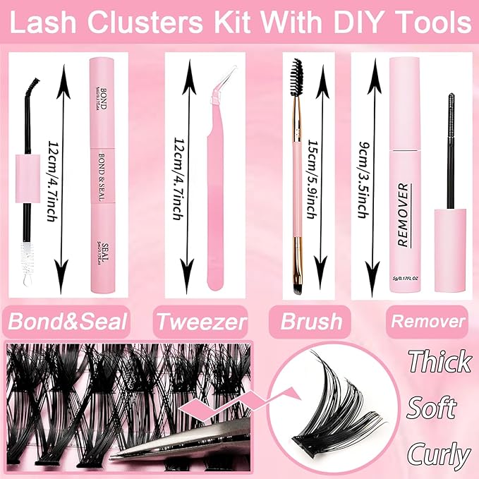 Lash Clusters Kit, 640 Pcs Eyelashes Clusters Extensions Kit 9-16mm Individual Lashes D Curl Fluffy Wispy False Eyelashes Thin Band, with Bond Seal Remover Tweezers Brush DIY (50D+60D Kit 9-16mm)