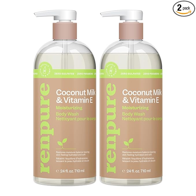 Renpure Coconut Milk & Vitamin E Moisturizing Body Wash - Gently Cleanses & Restores Moisture Balance - For Soft, Hydrated & Healthy-Looking Skin - With Coconut Oil & Vitamin E - 24 Fl Oz, 2 Pack