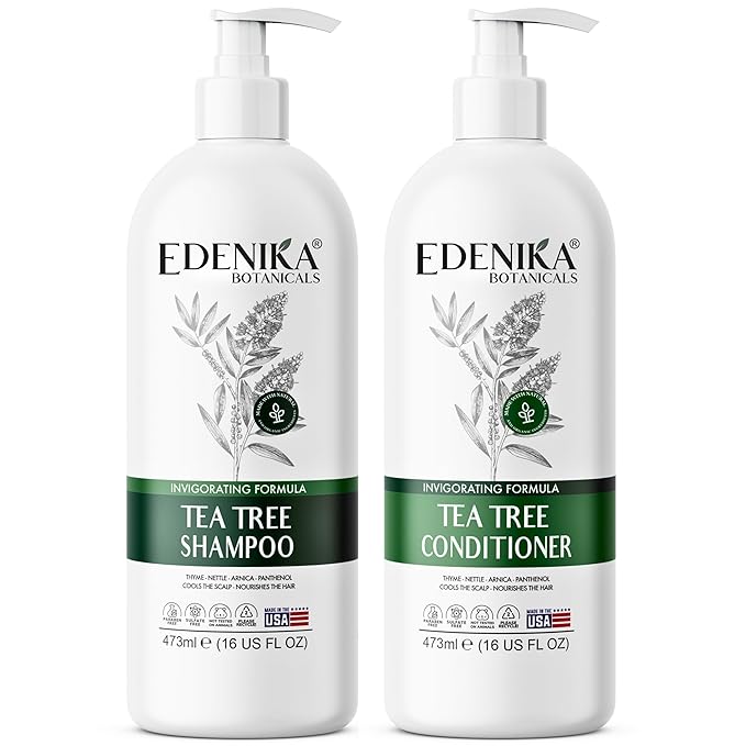 EDENIKA BOTANICALS Tea Tree Oil Shampoo and Conditioner Set, Deep Cleansing for Buildup & Oily Scalp, Soothes Itchy Scalp & Refreshes Hair, Sulfate Free, Women & Men, 16 fl oz Each