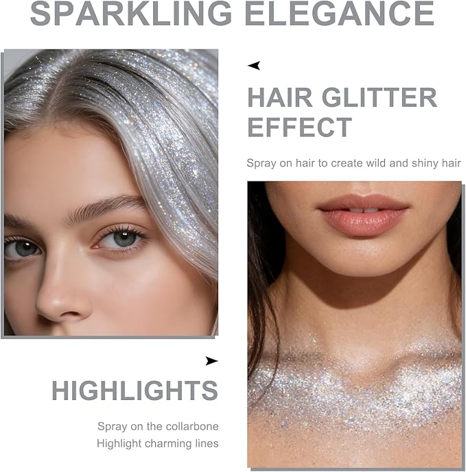 Hair and Body Glitter Spray, Shimmering Powder Sparkle Powder Makeup, Glitter Loose Sparkle Makeup for Body Highlighter,Festival Prom Rave Accessories (Silver)