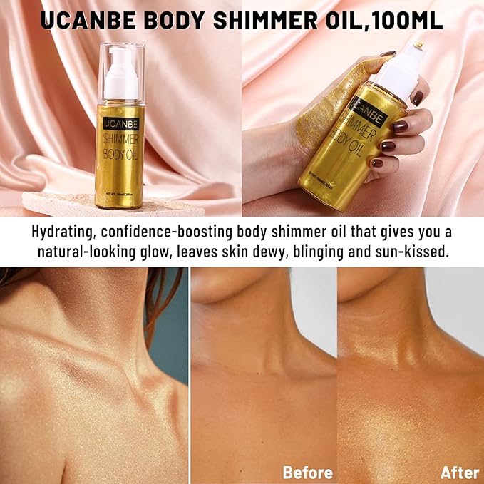 UCANBE Body Shimmer Oil 100ml, Moisturizing Face Body Glow Glitter Oil, Waterproof Shimmering Luminizer Liquid Illuminator Highlighter, Tinted Shimmer Lotion Glowing Bronzer Makeup(Gold)