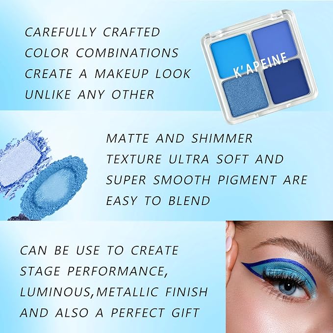 K'APEINE Eyeshadow Quad, Matte Blue Eyeshadow Palette 4-Color Highly Pigmented Long-Lasting Eyeshadows Makeup Palette for Women Girls Party,Music Festival, Stage Performance,Appointment