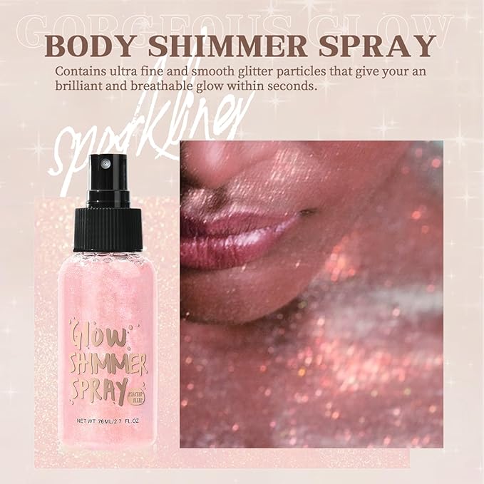 Body Glitter Spray, Body Shimmer Spray Quick Drying Body Glow Shimmer Long-Lasting Shiny Glitter for Women Men for Party, Concert 2.6 Fl Oz. (Light Pink)