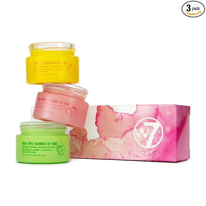 W7 Sweet Dreams Overnight Lip Mask Trio - Strawberry, Apple & Grapefruit Flavor Gift Set - Vitamin E, Aloe Vera and Grape Seed Oil - For Hydrated, Full Looking & Irresistible Lips