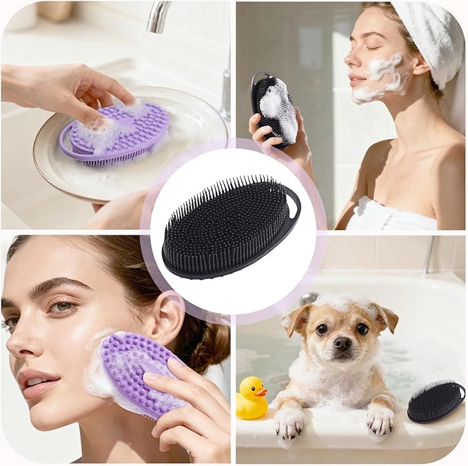 2 Pack Silicone Body Scrubber, Exfoliating Silicone Shower Scrubber for Body, Gentle 2 in 1 Silicone Loofah Alternative for Women Men, Dual-Sided Soft Bath Scrubber for All Skin, Black+Purple