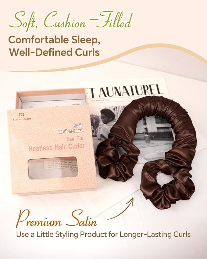 BONNET QUEEN Satin Heatless Hair Curler, Overnight Curls for Long Hair, Ultra Soft Daily Use of Hair Accessories & 2 Scrunchies, Damage-Free Styling, Soft Hair Curlers for Overnight, Brown