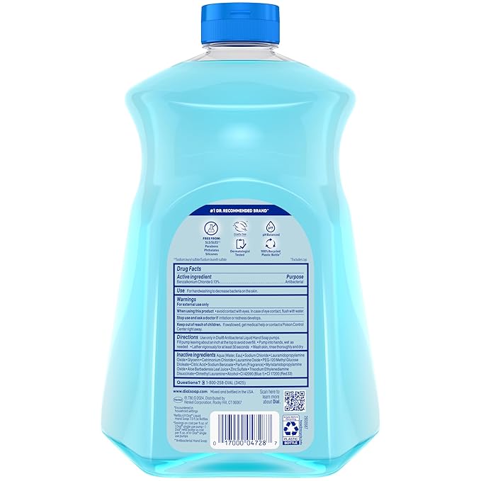 Dial Antibacterial Defense Liquid Hand Soap + Aloe, Spring Water Scent, 52 Fl Oz Hand Soap Refill (Pack of 3), Dermatologist-Tested, Gentle Formula