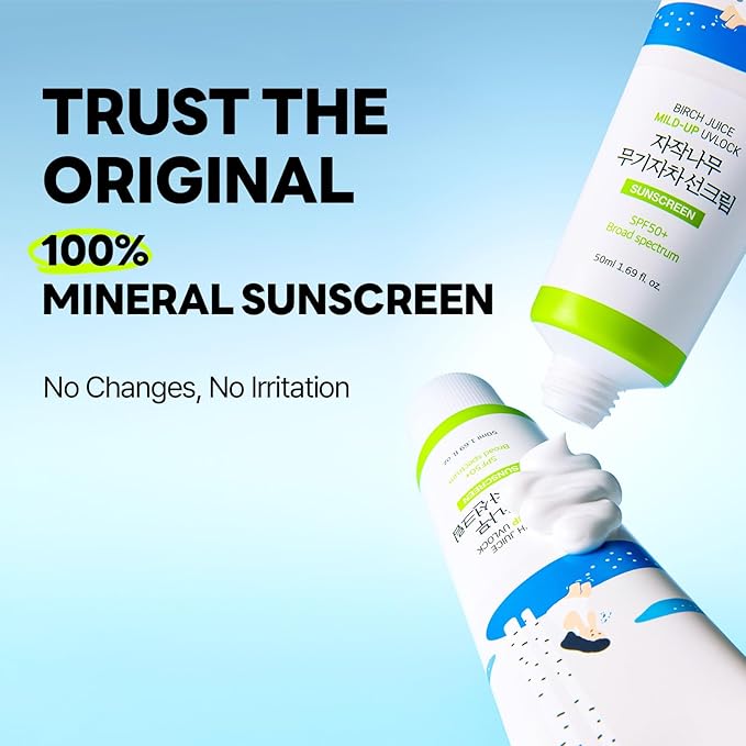 ROUND LAB Birch Juice Mild-up UV LOCK SPF 50+, mineral sunscreen, broad spectrum, Zinc Oxide, reef safe sunscreen, lightweight, oil control for Sensitive Skin, Korean Sunscreen 1.69 Fl Oz