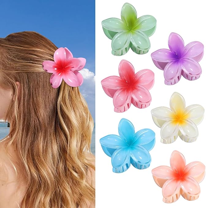 CHANDAT Flower Hair Clips 6 PCS Hawaiian Claw Clips for Vacation Hibiscus Hair Claw Clips Cute Large Hair Clips for Thick and Thin Hair Plumeria Hair Accessories for Women Girls - Hawai