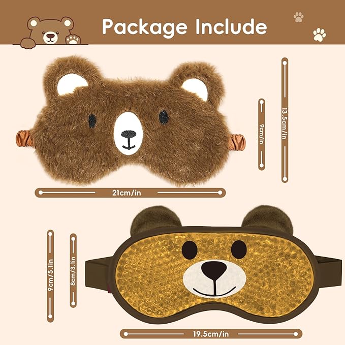 my novel things Cooling Eye Mask and Sleep Mask Eye Cover Girls Boys Birthday Cute Teens Woman, Cold Warm Eye Compress for Dry Eyes Spa at Home Travel Plush Blindfold Sleeping Unicorn Bear Cat Brown