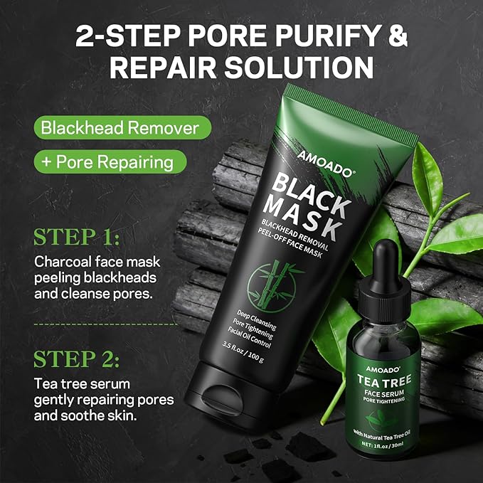 AMOADO Blackhead Remover Peel Off Face Mask, Black Mask & Tea Tree Oil Serum Duo Set, 2-in-1 Deep Cleansing and Pore Tightening, Charcoal Face Mask Peel Off Blackheads Removal