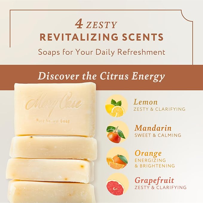 Mary Case Citrus Variety Bar Soap Set of 4 | Orange, Mandarin, Grapefruit & Lemon Natural Soaps | Vegan Bath Soap for Men & Women | Energizing, Brightening & Revitalizing Skin