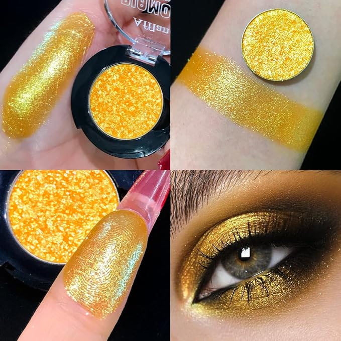 Afflano Yellow Glitter Eyeshadow Makeup, Single Diamond Gold Shimmery Eyeshadows, Super Pigmented Sunset Gold Glitter Yellow Eyeshadow One Swipe, Vibrant Metallic Eye Shadow Sparkly Eyelid Highlighter