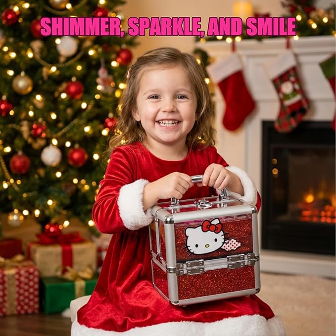 Hello Kitty Train Case Cosmetic Makeup Set Includes Lip Gloss, Eye Shimmer, Nail Polish, Hair Accessories & More! For Girls, Ages 6+ Perfect for Parties & Makeovers by Townley Girl