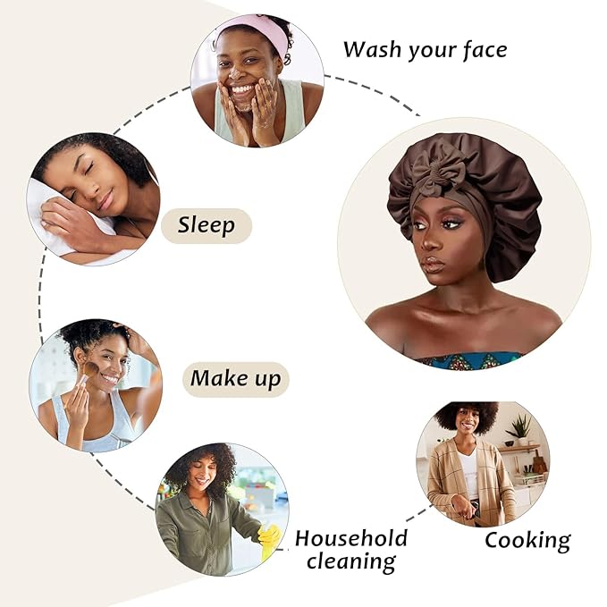 AWAYTR Satin Bonnet for Women, 2-Layer Large Sleep Cap with Adjustable Drawstring, Brown Includes 3 Hair Scrunchies